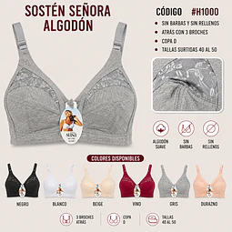 Sostén señora algodón copa D sin barbas y rellenos tallas y colores surtidas la docena 