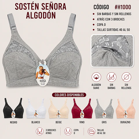 Sostén señora algodón copa D sin barbas y rellenos tallas y colores surtidas la docena 