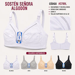 Sostén señora algodón copa D sin barbas y rellenos tallas y colores surtidas la docena 