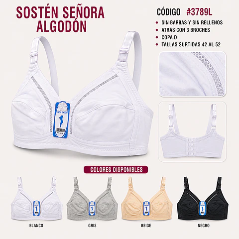 Sostén señora algodón copa D sin barbas y rellenos tallas y colores surtidas la docena 