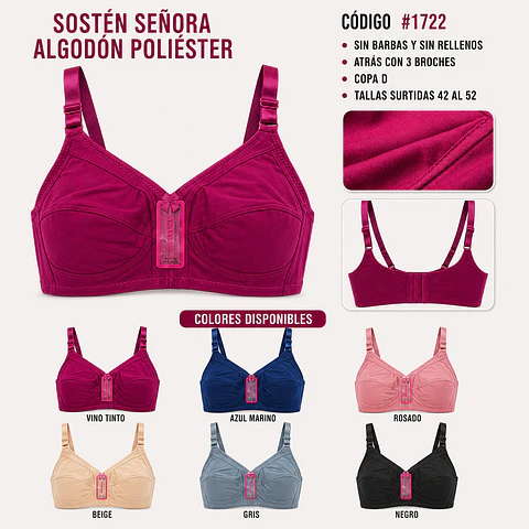 Sostén señora algodón copa D sin barbas y rellenos tallas y colores surtidas la docena 