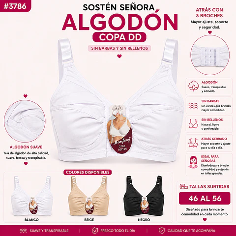 Sostén señora algodón copa DD sin barbas y rellenos tallas y colores surtidas la docena 