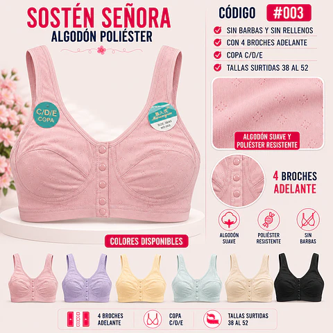 Sostén señora algodón copa E sin barbas y rellenos tallas y colores surtidas la docena 