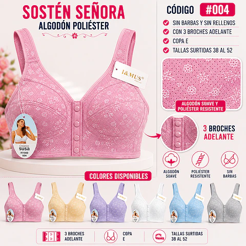 Sostén señora algodón copa E sin barbas y rellenos tallas y colores surtidas la docena 