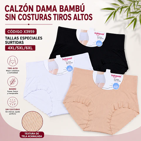 Calzón bambú sin costuras tiros altos tallas especiales 4XL/5XL/6XL y colores surtidas la docena 