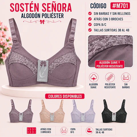 Sostén señora algodón poliéster copa B/C sin barbas y sin rellenos tallas y colores surtidas la docena 