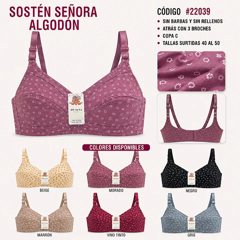 Sostén señora algodón poliéster copa B/C sin barbas y sin rellenos tallas y colores surtidas la docena 