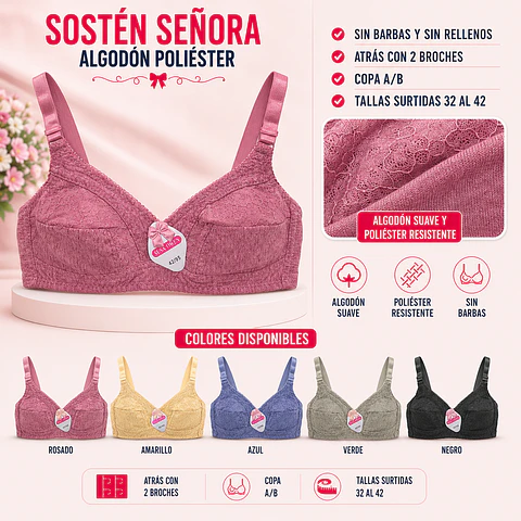 Sostén señora algodón poliéster copa A/B sin barbas y sin rellenos tallas y colores surtidas la docena 