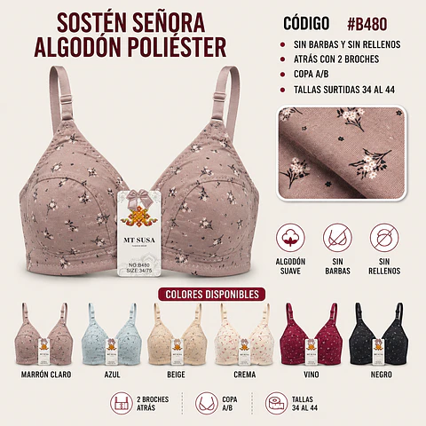 Sostén señora algodón poliéster copa A/B sin barbas y sin rellenos tallas y colores surtidas la docena 