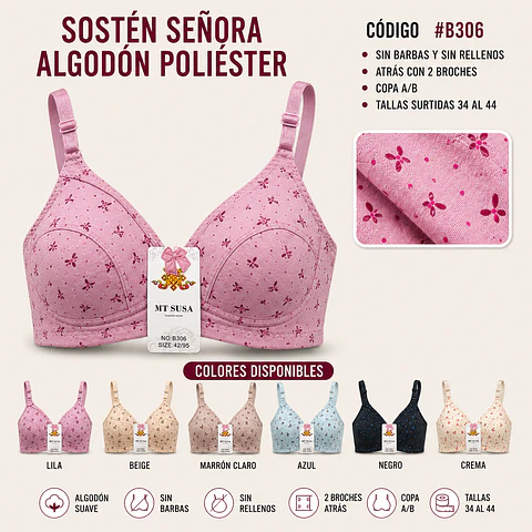 Sostén señora algodón poliéster copa A/B sin barbas y sin rellenos tallas y colores surtidas la docena 