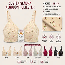 Sostén señora algodón poliéster copa A/B sin barbas y sin rellenos tallas y colores surtidas la docena 