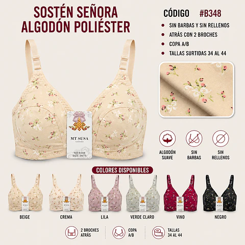 Sostén señora algodón poliéster copa A/B sin barbas y sin rellenos tallas y colores surtidas la docena 