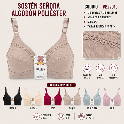 Sostén señora algodón poliéster copa A/B sin barbas y sin rellenos tallas y colores surtidas la docena 