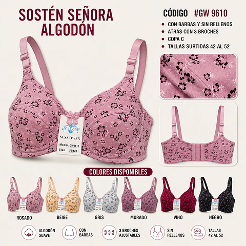 Sostén copa C/D Con barbas y sin rellenos tallas y colores surtidas la docena 