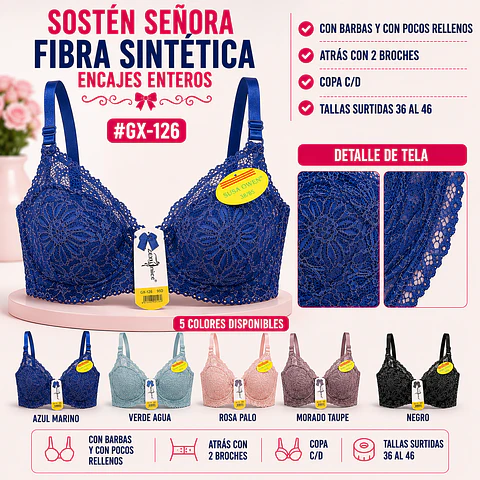Sostén copa C/D Con barbas y con pocos rellenos tallas y colores surtidas la docena 
