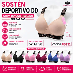 Sostén deportivo copa DD atrás cerrado sin barbas y con rellenos tallas y colores surtidas la docena 