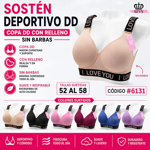 Sostén deportivo copa DD atrás cerrado sin barbas y con rellenos tallas y colores surtidas la docena 