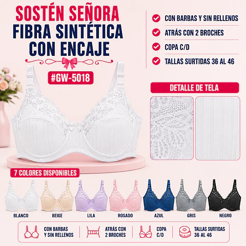 Sostén copa C/D con barbas y Sin rellenos tallas y colores surtidas la docena 