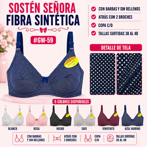 Sostén copa C/D con barbas y Sin rellenos tallas y colores surtidas la docena 