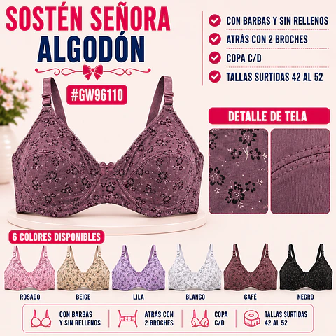 Sostén copa C/D con barbas y Sin rellenos tallas y colores surtidas la docena 