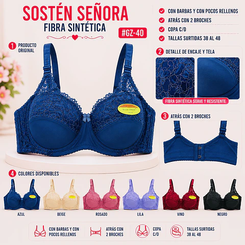 Sostén copa C/D con barbas y con pocos rellenos tallas y colores surtidas la docena 