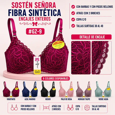 Sostén copa C/D con barbas y con pocos rellenos tallas y colores surtidas la docena 