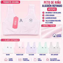 Peto de niña algodón refinado sin barbas y sin rellenos talla estándar para 6 al 10 años y colores surtidas la docena 