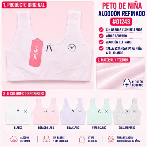 Peto de niña algodón refinado sin barbas y sin rellenos talla estándar para 6 al 10 años y colores surtidas la docena 