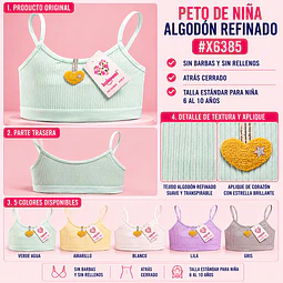 Peto de niña algodón refinado sin barbas y sin rellenos talla estándar para 6 al 10 años y colores surtidas la docena 