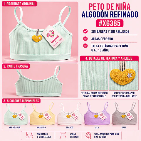 Peto de niña algodón refinado sin barbas y sin rellenos talla estándar para 6 al 10 años y colores surtidas la docena 