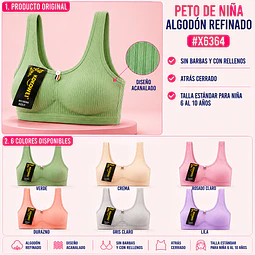 Peto de niña algodón refinado sin barbas y con rellenos talla estándar para 6 al 10 años y colores surtidas la docena 
