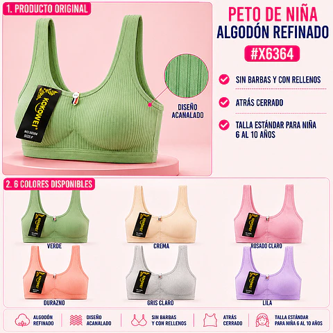 Peto de niña algodón refinado sin barbas y con rellenos talla estándar para 6 al 10 años y colores surtidas la docena 