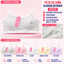 Peto de niña algodón refinado sin barbas y con rellenos talla estándar para 6 al 10 años y colores surtidas la docena 