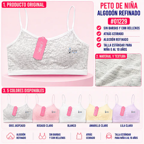 Peto de niña algodón refinado sin barbas y con rellenos talla estándar para 6 al 10 años y colores surtidas la docena 