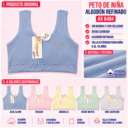 Peto de niña algodón refinado sin barbas y con rellenos talla estándar para 6 al 10 años y colores surtidas la docena 