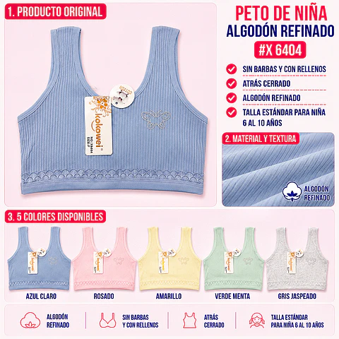 Peto de niña algodón refinado sin barbas y con rellenos talla estándar para 6 al 10 años y colores surtidas la docena 