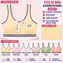 Peto de niña algodón refinado sin barbas y con rellenos talla estándar para 6 al 10 años y colores surtidas la docena 