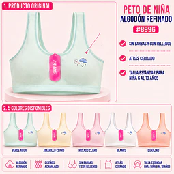 Peto de niña algodón refinado sin barbas y con rellenos talla estándar para 6 al 10 años y colores surtidas la docena 