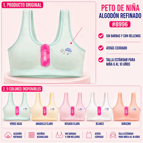 Peto de niña algodón refinado sin barbas y con rellenos talla estándar para 6 al 10 años y colores surtidas la docena 
