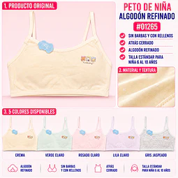Peto de niña algodón refinado sin barbas y con rellenos talla estándar para 6 al 10 años y colores surtidas la docena 