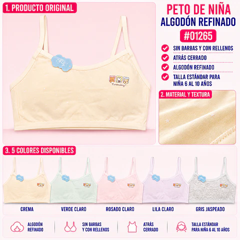 Peto de niña algodón refinado sin barbas y con rellenos talla estándar para 6 al 10 años y colores surtidas la docena 