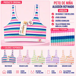 Peto de niña algodón refinado sin barbas y con rellenos talla estándar para 6 al 10 años y colores surtidas la docena 