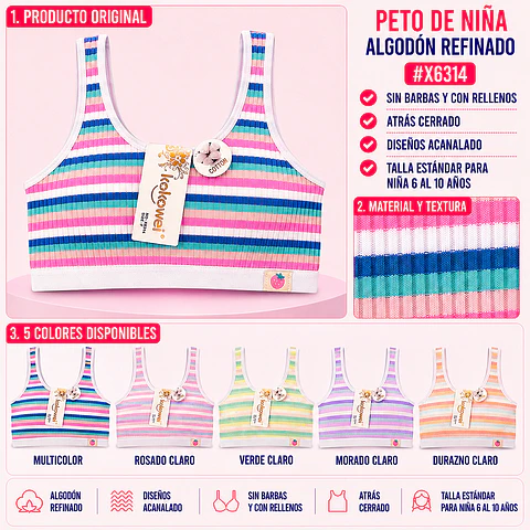 Peto de niña algodón refinado sin barbas y con rellenos talla estándar para 6 al 10 años y colores surtidas la docena 
