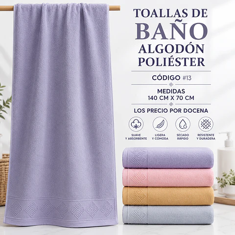 Toallas de baño #13 algodón poliéster 140 cm x 70 cm y colores surtidas la docena 