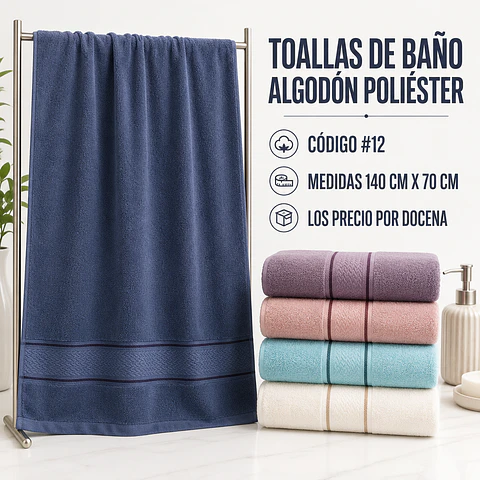 Toallas de baño #12 algodón poliéster 140 cm x 70 cm y colores surtidas la docena 