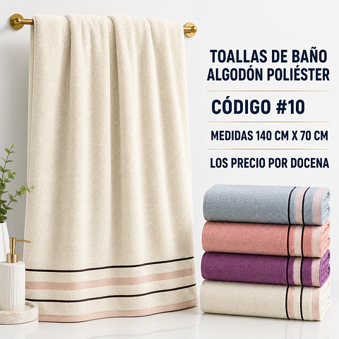 Toallas de baño #10 algodón poliéster 140 cm x 70 cm y colores surtidas la docena 