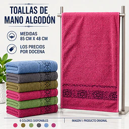 Toallas de mano algodón 85 cm x 48 cm y colores surtidas la docena 