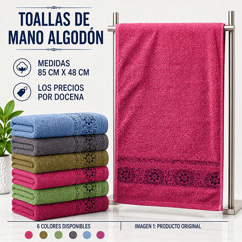 Toallas de mano algodón 85 cm x 48 cm y colores surtidas la docena 