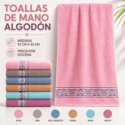 Toallas de mano algodón 92 cm x 43 cm y colores surtidas la docena 