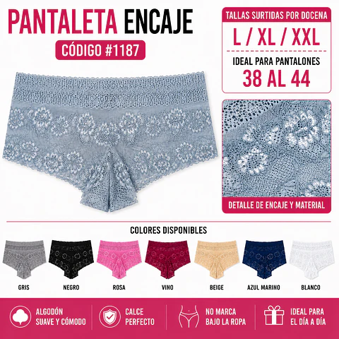 Pantaleta con encajes tallas y colores surtidas la docena 